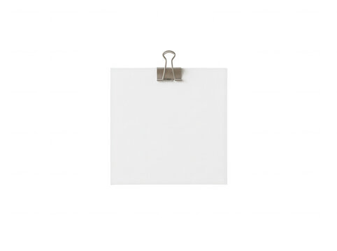 Blank white paper note with metal binder clip isolated transparent