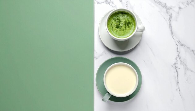 カフェの抹茶ラテと抹茶ドリンクの真俯瞰 上質な空間を演出するフラットレイ画像
