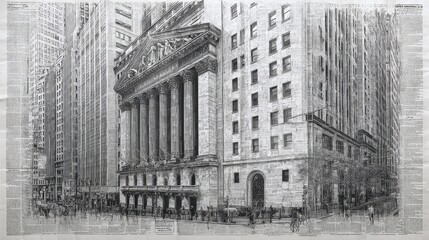 Obraz premium Halfton newsprint style of New York Wall Street financial district with textured dot pattern, vintage newspaper aesthetic, urban architecture, iconic cityscape, and trading atmosphere