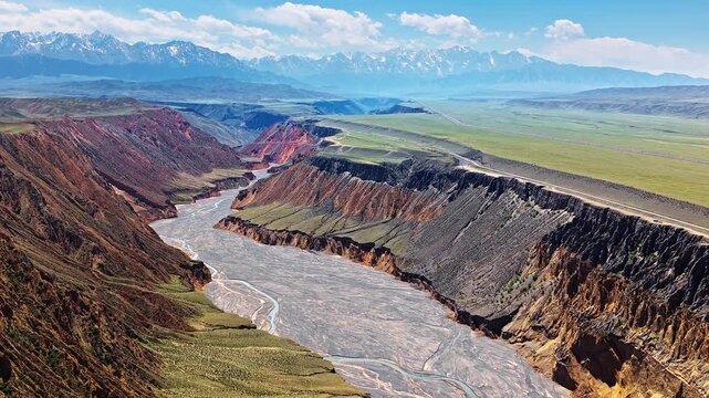 Aerial view of a winding braided river flowing through a deep rocky canyon under a clear blue sky in Anjihai Grand Canyon, Xinjiang, China