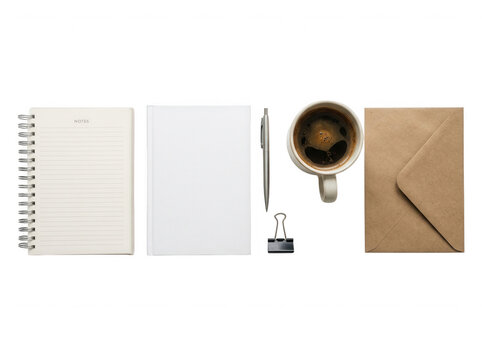 Office desk supplies flat lay isolated on a clean transparent background