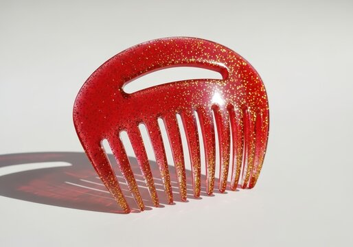 Red Glitter Hair Comb Accessory for Styling and Grooming Isolated on White Background with Soft Shadow