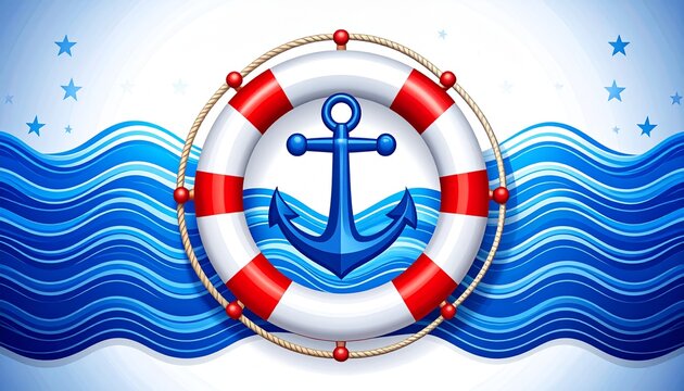 Nautical background featuring red white lifebuoy and blue anchor with stylized ocean waves for marine design themes