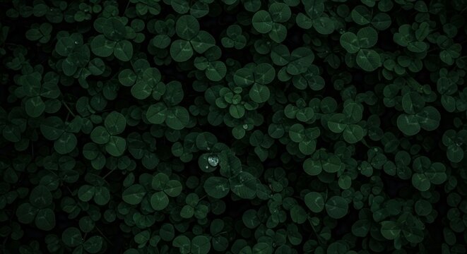 Dark moody macro photograph of deep jade clover leaves with tiny clear water droplets