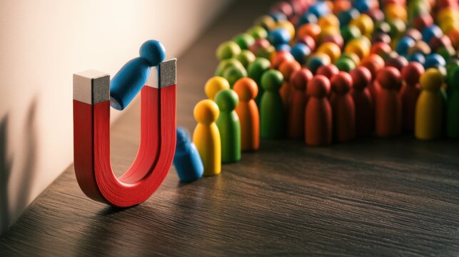 A blue figurine is attracted to a large red horseshoe magnet, pulling it away from a crowd of multicolored wooden figures on a wooden surface.