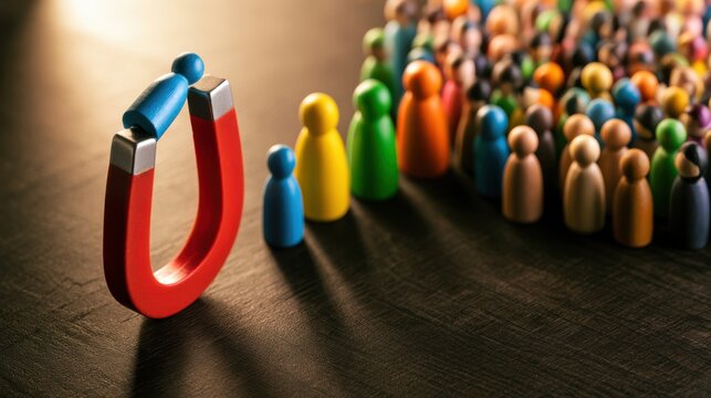 A red horseshoe magnet attracts a blue figurine away from a colorful crowd of small wooden people on a dark surface.