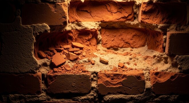 Macro shot of a deteriorating brick wall with crumbling textures and warm golden light