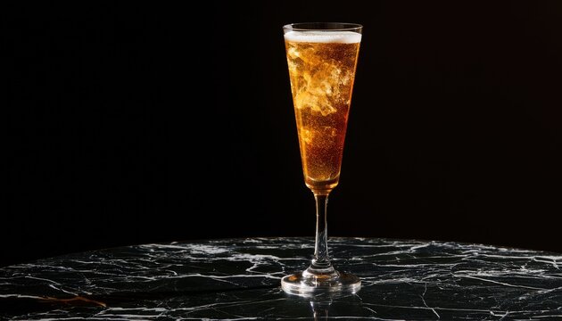 A tall, elegant flute glass filled with a frothy, layered beverage sits on a dark, polished surface