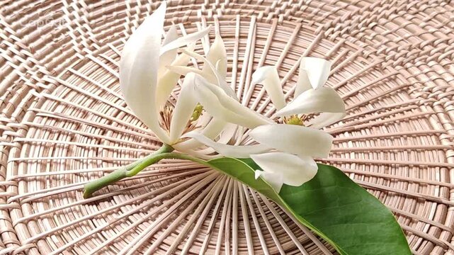 A close-up image of a fresh white frangipani flower with green leaves in the background.