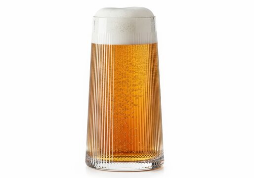Refreshing golden lager beer in a modern ribbed glass with a creamy foam head, studio shot on white.