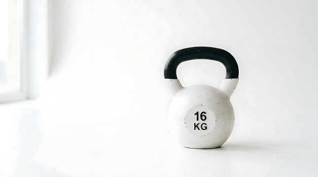 Professional 16 kg white kettlebell for strength training and fitness workout on white background