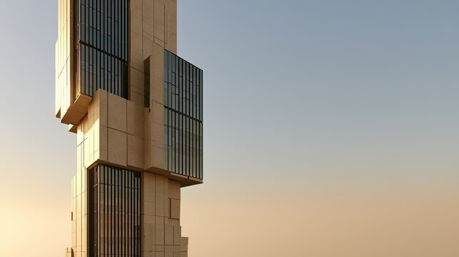Modern skyscraper with modular facade against a pale, hazy sky
