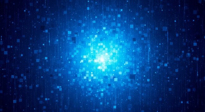 Intricate abstract composition of blue squares and pixel dots resembling digital rain with a glowing center