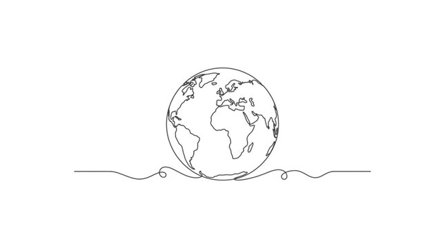 Continuous line drawing of planet Earth with continents visible.