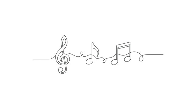 Continuous line drawing of musical notes and treble clef 2.