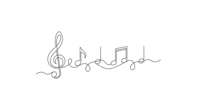 Continuous line drawing of musical notes and treble clef 1.