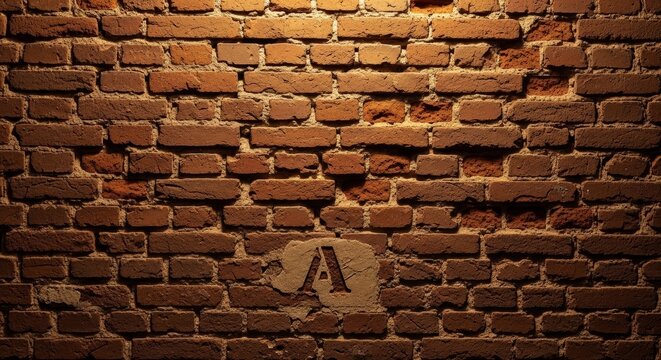 Distressed brick wall with weathered urban texture and faint stencil letter in warm amber lighting