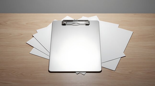 Blank Silver Metal Clipboard with White Paper Mockup on Wooden Office Desk for Business Documents