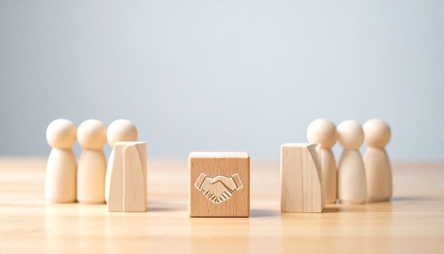 Wooden peg people figures separated by a handshake block representing partnership and agreement in business