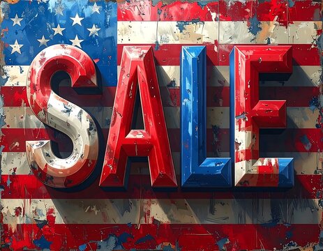 Vintage American Flag Sale Sign with Distressed Metallic Letters for Patriotic Promotions.