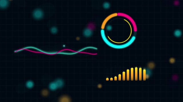 Soundwave Equalizer Animation with Circular Vu Meter and Audio Spectrum Bars Moving. Neon Glowing Music Visualizer Loop.