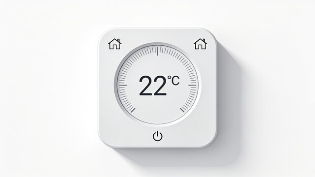 Modern white digital thermostat displaying 22 degrees Celsius on minimalist wall panel