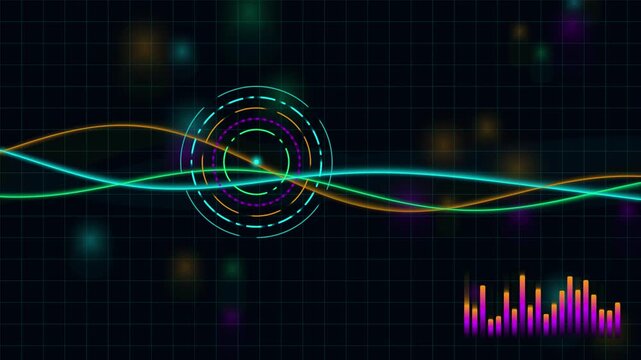Soundwave Animation with Circular Frequency Visualizer and Glowing Waveform Spectrum. Neon Audio Equalizer Motion Graphi