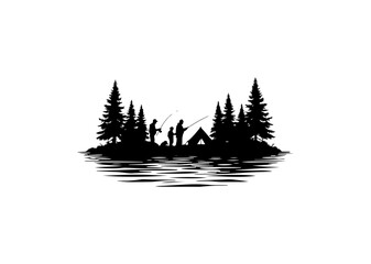 Obraz premium Black and white silhouette of people fishing on a small island surrounded by water and pine trees fishing scene