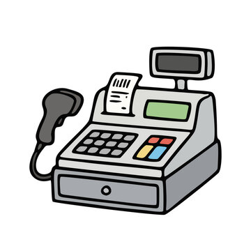 Hand drawn electronic cash register with barcode scanner doodle for retail checkout counter design and minimarket POS system graphic