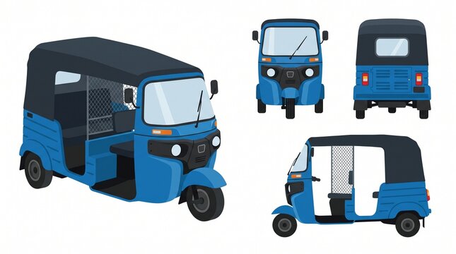 Blue Auto Rickshaw Tuk Tuk Illustration Set - Front, Back, Side, and Isometric Views