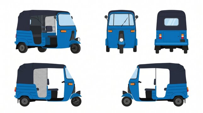 Blue Tuk-Tuk Auto Rickshaw Vector Illustration Set - Multi Angle Views