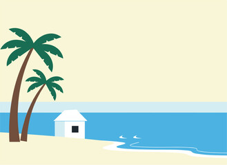Fototapeta premium Minimalist beach landscape featuring tall palm trees near a small white house by the calm blue ocean during a bright sunny day.