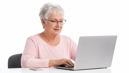 Fototapeta premium Happy mature woman typing on laptop keyboard at desk with smartphone