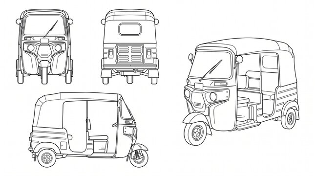 Auto Rickshaw Tuk Tuk Line Art Set: Front, Side, Back, and Perspective Views