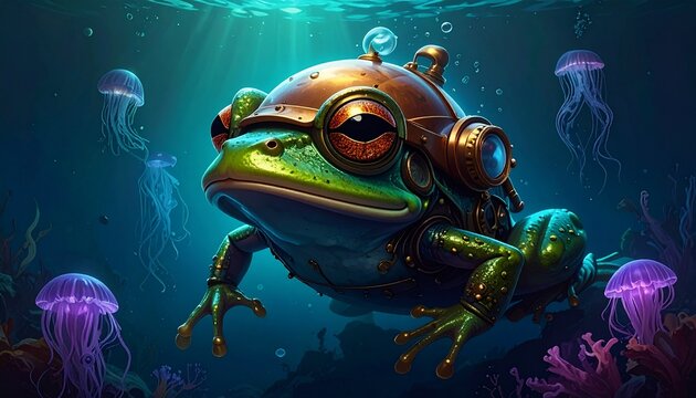 Deep Sea Frog Illustration with Steampunk Diving Helmet Underwater with Glowing Jellyfish