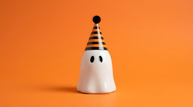 A cute little white ghost wearing a festive striped party hat isolated on a bright orange halloween background