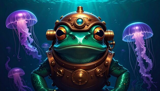Deep Sea Frog Illustration Wearing Vintage Brass Diving Suit Underwater with Jellyfish