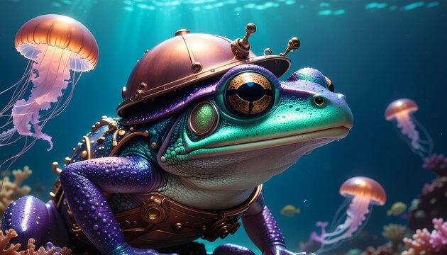 Deep Sea Frog Illustration with Steampunk Helmet and Glowing Jellyfish in Underwater World