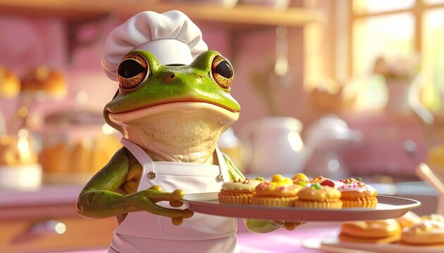 Frog Illustration of a Bakery Chef Holding a Tray of Freshly Baked Pastries in Kitchen