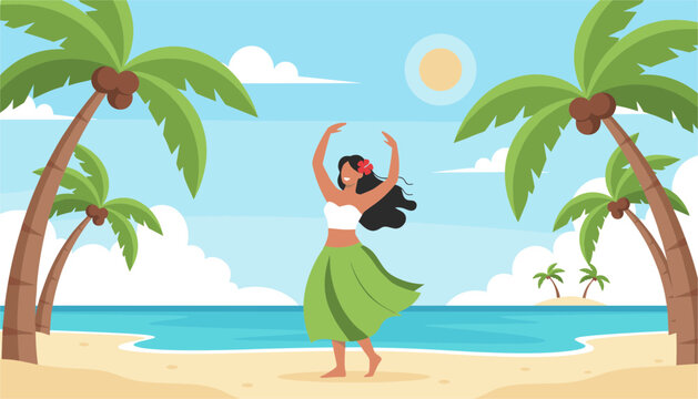 Beautiful woman dancing the hula on a sunny tropical beach surrounded by palm trees with blue ocean and white sandy beach in background.