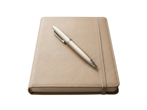 Beige leather journal with matching pen isolated on transparent background