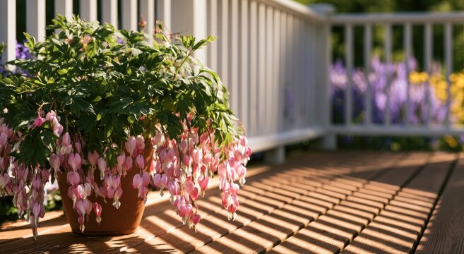 Potted bleeding hearts on a sunlit wooden deck with purple flowers