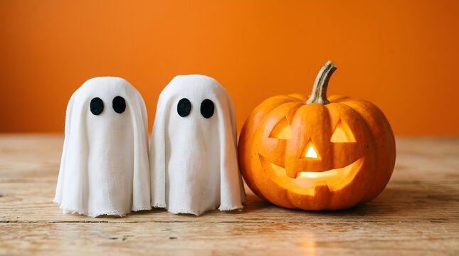 Two cute handmade ghosts standing next to a carved jack o lantern for a fun halloween celebration