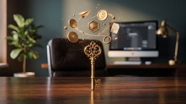 Golden Key to Digital Opportunity: An ornate golden key stands prominently on a polished wooden desk, surrounded by floating digital currency icons and a paper airplane.