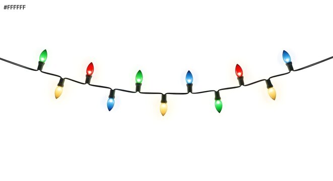Colorful christmas string lights hanging against a white background with glowing colorful bulbs for holiday celebration decoration