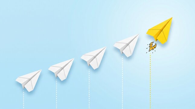 Lead the Way: A single yellow paper airplane soars ahead of a line of white paper airplanes, symbolizing innovation, leadership, and breaking away from the norm.
