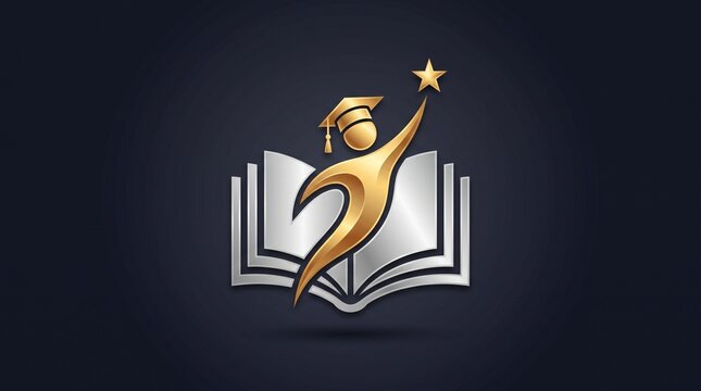 Logo for Education and Success: An abstract figure in a graduation cap leaps from an open book, reaching for a star, symbolizing knowledge, achievement, and aspiration.