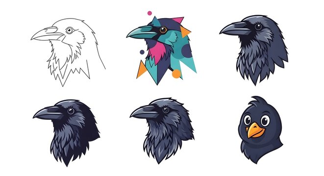 Set of crow and raven head vector illustrations showcasing outline sketch geometric style detailed feathers and cute cartoon bird for various graphic design uses