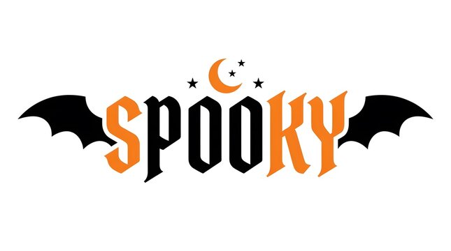 Spooky Halloween text design with bat wings and moon icon on white background