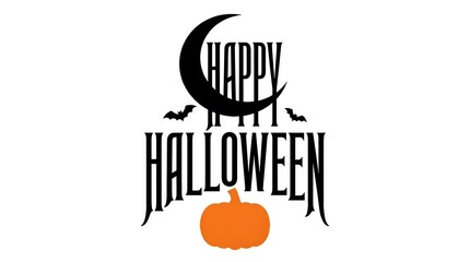 Obraz premium Happy Halloween text design with crescent moon, bats and orange pumpkin icon